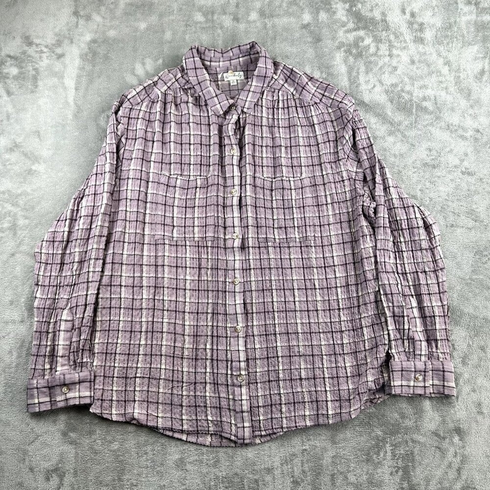 Wonderly Women's XL Top Crinkle Texture Purple Plaid Button Down Cabincore Lagen
